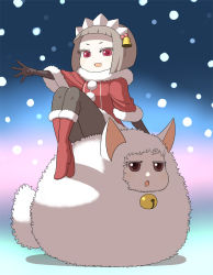 Rule 34 | 1girl, alternate costume, animal ears, bell, boots, brown eyes, elbow gloves, gloves, grey hair, hair ornament, jingle bell, ken (koala), knee boots, mofutter, open mouth, original, palette swap, pantyhose, queen of icicle, red eyes, short hair, snow, solo, tail, tiara, white hair