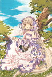 Rule 34 | 00s, 1girl, bare shoulders, barefoot, blonde hair, brown eyes, chii, chobits, clamp, cloud, day, dress, flower, from side, grass, hair flower, hair ornament, hair tubes, highres, lace, lace-trimmed dress, lace trim, long dress, long hair, long sleeves, looking at viewer, outdoors, parted lips, robot ears, scan, scan artifacts, sitting, sky, solo, tree, very long hair