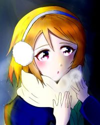 Rule 34 | 1girl, artist name, artist request, black coatblush, breasts, brown hair, buttons, coat, earmuffs, female focus, gloves, hair between eyes, highres, koizumi hanayo, long sleeves, looking at viewer, love live!, love live! school idol festival, love live! school idol project, night, night sky, open clothes, open coat, orange scarf, outdoors, parted lips, purple eyes, scarf, short hair, skirt, sky, small breasts, smile, solo, white gloves