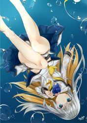 Rule 34 | 1girl, blue eyes, blue skirt, blush, bubble, dated, kavka, looking at viewer, multicolored hair, necktie, orange hair, original, silver hair, skirt, smile, solo, two-sided fabric, two-sided skirt, underwater, upside-down, yellow necktie