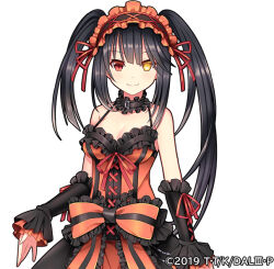 Rule 34 | 1girl, bare shoulders, black hair, breasts, cleavage, clock eyes, date a live, dress, edamame senpai, frilled dress, frilled hairband, frills, hairband, heterochromia, lolita fashion, lolita hairband, looking at viewer, medium breasts, official art, red dress, red eyes, smile, solo, symbol-shaped pupils, tokisaki kurumi, twintails, two-tone dress, uneven twintails, upper body, vivid army, white background, yellow eyes