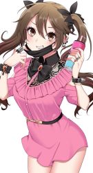 Rule 34 | 1girl, alternate costume, black bow, black mask, black nails, blush, bow, bracelet, breasts, brown eyes, brown hair, can, dress, ear piercing, earrings, grin, hair bow, highres, holding, holding can, jewelry, kantai collection, long hair, looking at viewer, mask, mask pull, medium breasts, mouth mask, multicolored nails, multiple rings, nail polish, piercing, pink dress, pink nails, ring, short sleeves, simple background, smile, solo, tone (kancolle), twintails, white background, yomogi dango