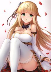 Rule 34 | 1girl, absurdres, ass, aurora (azur lane), azur lane, black skirt, blonde hair, blunt bangs, bow, breasts, cleavage, commentary request, detached sleeves, garter straps, green eyes, hair bow, hair ribbon, highres, knees together feet apart, knees up, long hair, long sleeves, looking at viewer, manda (manda9n), parted lips, petals, pleated skirt, ribbon, sidelocks, simple background, sitting, skirt, solo, thighhighs, white thighhighs
