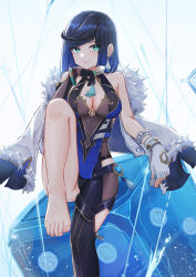 Rule 34 | 1girl, asymmetrical gloves, bare legs, bare shoulders, barefoot, black gloves, black hair, black thighhighs, blue dress, blue hair, blush, bracelet, breasts, cleavage, closed mouth, dress, ear piercing, feet, fingerless gloves, genshin impact, gloves, green eyes, highres, holding dice, jewelry, lim (ramu), looking at viewer, medium breasts, medium hair, mismatched gloves, mole, mole on breast, multicolored hair, piercing, single fingerless glove, single leg pantyhose, sitting, smile, solo, thighhighs, two-tone hair, vision (genshin impact), white gloves, yelan (genshin impact)