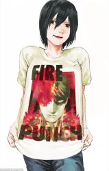 Rule 34 | 1boy, 1girl, agni (fire punch), black eyes, black hair, burning, copyright name, denim, english text, fingernails, fire, fire punch, fujimoto tatsuki, hair between eyes, jeans, looking at viewer, mole, mole under eye, mole under mouth, multiple boys, official art, open mouth, pants, print shirt, reverse trap, scowl, shirt, short hair, short sleeves, spoilers, t-shirt, togata (fire punch), white background
