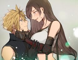 Rule 34 | 1boy, 1girl, bare shoulders, black hair, blonde hair, blue eyes, breasts, brown hair, closed mouth, cloud strife, couple, crop top, detached sleeves, earrings, eye contact, final fantasy, final fantasy vii, final fantasy vii remake, fingerless gloves, gloves, hands on another&#039;s face, happy tears, jewelry, kuroma424, large breasts, light particles, long hair, looking at another, low-tied long hair, open mouth, protecting, red eyes, smile, spiked hair, square enix, suspenders, sweater, tank top, teardrop, tears, tifa lockhart, turtleneck, turtleneck sweater, undershirt, upper body, white tank top