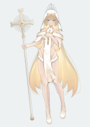 Rule 34 | 1girl, absurdres, blonde hair, blue eyes, breasts, capelet, collarbone, commentary, crosier, cross, cross patty, detached sleeves, eyeshadow, frills, full body, gold trim, grey background, grin, hair between eyes, hand on own chest, high collar, highres, holding, holding staff, latin cross, long hair, long sleeves, looking at viewer, makeup, nun, original, pantyhose, pelvic curtain, pwd, revealing clothes, see-through, see-through legwear, see-through sleeves, sideboob, sidelocks, simple background, small breasts, smile, solo, staff, standing, veil, very long hair, white footwear, white pantyhose