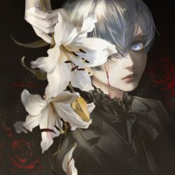 Rule 34 | 1boy, bishounen, black background, black jacket, black ribbon, blood, blood on face, blood on shoulder, bloody tears, blue eyes, blue hair, ciel phantomhive, closed mouth, earrings, eb016, expressionless, flower, frilled shirt, frills, hair over one eye, highres, jacket, jewelry, kuroshitsuji, light particles, looking at viewer, male focus, partially shaded face, red flower, red rose, ribbon, rose, shirt, short hair, solo, torn clothes, torn jacket, victorian, white flower
