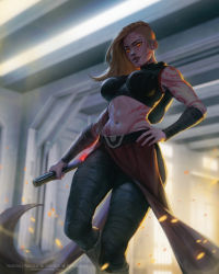 Rule 34 | 1girl, arm tattoo, backlighting, bandaged arm, bandaged leg, bandages, bare shoulders, breasts, buzz cut, commission, crop top, embers, energy sword, eva solo, feet out of frame, hand on own hip, highres, holding, holding weapon, large breasts, lightsaber, lips, looking at viewer, medium hair, navel, orange eyes, parted lips, pelvic curtain, pinup (style), short hair, sith, sleeveless, solo, star wars, stomach tattoo, sword, tattoo, teeth, upper teeth only, very short hair, weapon