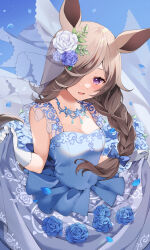 Rule 34 | 1girl, animal ears, blue dress, blue flower, blue rose, blush, bow, braid, braided ponytail, breasts, brown hair, cleavage, covered navel, dress, flower, gloves, hair bow, hair flower, hair ornament, hair over one eye, highres, horse ears, jewelry, layered dress, long hair, looking at viewer, necklace, nobell (bell no5), open mouth, petals, purple eyes, rice shower (longed-for scenery) (umamusume), rice shower (umamusume), rose, skirt hold, sleeveless, sleeveless dress, small breasts, smile, solo, umamusume, upper body, white gloves
