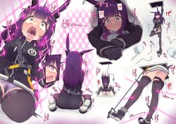 Rule 34 | 1girl, absurdres, arknights, black footwear, black jacket, black thighhighs, blush, camera, closed mouth, constricted pupils, highres, hrgm, jacket, laser, long hair, open mouth, orgasm, panties, purple hair, purple panties, pussy juice, rabbit ears, rope (arknights), sequential, shoes, sitting, skull and crossbones, spontaneous orgasm, sweat, tears, thigh strap, thighhighs, tongue, tongue out, underwear, uvula, wariza, wet, wet clothes, wet panties, wide-eyed