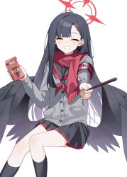 Rule 34 | 1girl, armband, black hair, black sailor collar, black serafuku, black skirt, black socks, black wings, blue archive, blush, cardigan, closed eyes, commentary, feathered wings, food, grey cardigan, halo, highres, holding, holding food, holding pocky, ichika (blue archive), invisible chair, long hair, low wings, neckerchief, nekoln, parted bangs, pocky, red armband, red halo, red neckerchief, sailor collar, school uniform, serafuku, simple background, sitting, skirt, smile, socks, solo, white background, wings