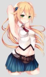Rule 34 | 1girl, absurdres, armpits, arms behind head, arms up, bare shoulders, belt, belt buckle, blazblue, blazblue: chronophantasma, blonde hair, blouse, blue skirt, blush, breasts, buckle, collarbone, collared shirt, contrapposto, cowboy shot, cropped legs, green eyes, grey background, groin, hair between eyes, hair ornament, highres, hime gyo, looking at viewer, medium breasts, midriff, miniskirt, navel, necktie, noel vermillion, red necktie, shirt, short necktie, simple background, skin tight, skirt, sleeveless, sleeveless shirt, solo, standing, stomach, taut clothes, taut shirt, wing collar