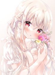 Rule 34 | 1girl, :o, amedamacon, blush, bow, braid, brown background, collarbone, commentary request, dress, earrings, flower, hair between eyes, hair bow, hands up, highres, holding, holding flower, jewelry, knees up, long hair, looking at viewer, low twintails, original, parted lips, pink flower, puffy short sleeves, puffy sleeves, purple flower, red eyes, short sleeves, sitting, solo, twintails, very long hair, white background, white bow, white dress, white flower