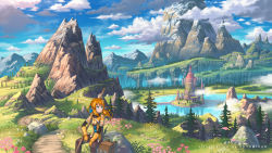 Rule 34 | 1girl, artist name, backpack, bag, blue eyes, blue sky, breasts, bridge, brown pants, building, cloud, cloudy sky, facing viewer, fantasy, field, floating hair, flower, flower field, fog, gloves, grass, highres, holding, holding stick, lake, long hair, looking to the side, mountain, mountainous horizon, nagi itsuki, on rock, orange hair, original, pants, petals, pink flower, pointy ears, ponytail, reflection, reflective water, scenery, shirt, sitting, sky, solo, stick, trail, tree, water, wide shot, yellow gloves, yellow shirt
