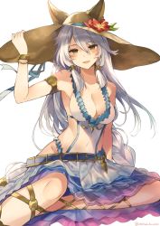 Rule 34 | 10s, 1girl, :d, adjusting clothes, adjusting headwear, animal ears, arm support, armlet, armpits, bare shoulders, blush, bracelet, breasts, brown eyes, cleavage, collarbone, covered navel, ears through headwear, erune, flower, granblue fantasy, groin, hair tubes, hat, hat flower, heles, heles (summer) (granblue fantasy), hibiscus, jewelry, long hair, looking at viewer, medium breasts, mishima kurone, open mouth, sarong, sidelocks, silver hair, sitting, smile, solo, sun hat, swimsuit, twitter username