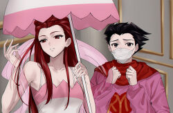 Rule 34 | 1boy, 1girl, ace attorney, black eyes, black hair, braid, clenched hands, covered mouth, crying, crying with eyes open, dahlia hawthorne, hagoromo, hair flip, hands up, heart, heart print, holding, holding umbrella, indoors, long hair, long sleeves, mask, miso shouyu (elbmxlf777), mouth mask, parted lips, phoenix wright, pink shawl, pink shirt, pink umbrella, print sweater, red eyes, red hair, red scarf, red sweater, scarf, see-through, see-through shawl, shawl, shirt, short hair, sleeveless, sleeveless shirt, spaghetti strap, spiked hair, sweater, tears, text print, umbrella, upper body, very long hair, white mask