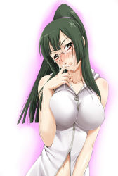 Rule 34 | 10s, 1girl, blush, breasts, cum, facial, glasses, green hair, high ponytail, impossible clothes, large breasts, long hair, looking at viewer, nichi keito, outline, ponytail, simple background, solo, star driver