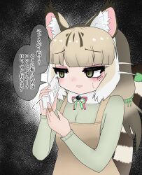 Rule 34 | 1girl, animal ears, apron, black background, cat ears, cat girl, cat tail, extra ears, green eyes, grey hair, highres, jungle cat (kemono friends), kemono friends, kemono friends v project, long hair, microphone, noren kf1, phone, ribbon, shirt, simple background, solo, tail, translation request, twintails, upper body, virtual youtuber