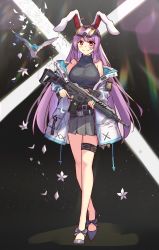 Rule 34 | 1girl, absurdres, alternate costume, animal ears, assault rifle, bird, black background, black footwear, breasts, crossed legs, diving penguin, goggles, goggles on head, gun, high heels, highres, holding, holding gun, holding weapon, id card, jacket, large breasts, light purple hair, navel, petals, pleated skirt, purple hair, rabbit ears, rabbit girl, rabbit tail, red eyes, reisen udongein inaba, rifle, shirt, sig sauer, sight, skirt, sleeveless, sleeveless shirt, tail, touhou, turtleneck, weapon, white jacket