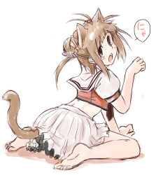 Rule 34 | 10s, 1girl, :o, animal ears, barefoot, blush, brown eyes, brown hair, cat ears, cat tail, fran (tukihashi), full body, kantai collection, kemonomimi mode, long hair, looking back, naka (kancolle), open mouth, pleated skirt, puffy short sleeves, puffy sleeves, sailor collar, school uniform, serafuku, short sleeves, simple background, skirt, soles, solo, tail, toes, very long hair, white background, white skirt