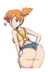 Rule 34 | 1girl, ass, asymmetrical hair, bare legs, blush, breasts, cowboy shot, creatures (company), denim, denim shorts, game freak, green eyes, gym leader, heart, highres, huge ass, legs, legs together, misty (pokemon), nintendo, open mouth, orange hair, pokemon, pokemon (anime), pokemon (classic anime), ponytail, red hair, rider 117, shirt, short hair, short shorts, shorts, side ponytail, simple background, smile, suspenders, tank top, thick thighs, thighs, white background, wide hips, yellow shirt, yellow tank top