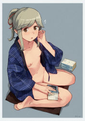 Rule 34 | 1girl, blue background, blue jacket, book, bottomless, breasts, brown eyes, cushion, from above, grey hair, hair ribbon, hanten (clothes), holding, holding book, jacket, kantai collection, long hair, makio (makiomeigenbot), nipples, notice lines, open clothes, open mouth, ponytail, ribbon, sidelocks, signature, simple background, sitting, small breasts, solo, usugumo (kancolle)