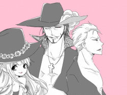Rule 34 | 1girl, 2boys, bare shoulders, braid, color background, dracule mihawk, facial hair, hat, jewelry, kuraigana island, monochrome, multiple boys, muscular, mustache, necklace, one eye closed, one piece, open clothes, open shirt, perona, roronoa zoro, shirt, simple background, smile, top hat, wink