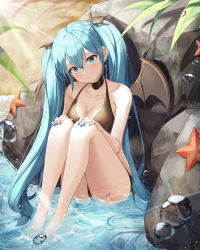 Rule 34 | 1girl, ass, bare arms, bare shoulders, barefoot, bikini, black bikini, black choker, blue eyes, blue hair, blue nails, breasts, choker, cleavage, commentary request, ekina (1217), halterneck, hatsune miku, highres, knees up, large breasts, long hair, looking at viewer, nail polish, revision, rock, sitting, solo, starfish, swimsuit, thighs, toenail polish, toenails, twintails, very long hair, vocaloid, water, wet, wings