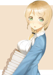 Rule 34 | 1girl, bad id, bad pixiv id, blonde hair, blush, book, book stack, breast rest, breasts, carried breast rest, carrying, ellen baker, from side, green eyes, highres, holding, holding book, long hair, looking at viewer, new horizon, parted lips, ponytail, solo, teacher, throtem