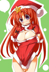 Rule 34 | 1girl, alternate costume, blush, breasts, bursting breasts, christmas, cleavage, covering privates, covering crotch, female focus, hat, hong meiling, large breasts, santa costume, santa hat, shirogane (platinum), shirt tug, solo, star (symbol), tears, touhou
