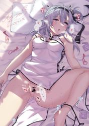 Rule 34 | 1girl, aftersex, alternate costume, bar censor, blush, breasts, censored, china dress, chinese clothes, condom, condom wrapper, cum, cumdrip, dated, dress, grey eyes, highres, kantai collection, long hair, medium breasts, one side up, panties, panties around leg, pussy, saiki yuzuri, short dress, side slit, signature, silver hair, solo, string panties, suzutsuki (kancolle), tears, underwear, used condom