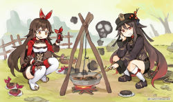 Rule 34 | 2girls, amber (genshin impact), black footwear, black hair, black headwear, black jacket, black nails, black shorts, boots, breasts, brown eyes, brown gloves, brown hair, brown shorts, burnt food, cleavage, commentary, cooking, craytm, day, english commentary, fence, flower, food, genshin impact, gloves, gradient hair, grin, hair ribbon, hat, hu tao (genshin impact), jacket, long hair, long sleeves, medium breasts, multicolored hair, multiple girls, nail polish, outdoors, outrider&#039;s champion steak! (genshin impact), red eyes, red flower, red legwear, red ribbon, ribbon, shoes, short shorts, shorts, skull, smile, smoke, socks, squatting, steak, thigh boots, thighhighs, thighhighs under boots, trait connection, very long hair, white socks, white thighhighs, wide sleeves