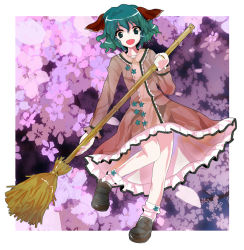 Rule 34 | 1girl, :d, alphes (style), animal ears, bad id, bad pixiv id, bamboo broom, bobby socks, broom, dress, female focus, floral background, flower, green eyes, green hair, jyuri otoko, kasodani kyouko, loafers, maguroido, matching hair/eyes, open mouth, parody, petals, revision, shoes, short hair, smile, socks, solo, style parody, touhou