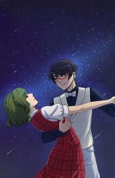 Rule 34 | 1boy, 1girl, arm around waist, black eyes, black hair, bow, bowtie, couple, dancing, expressionless, eye contact, glasses, green hair, hand on another&#039;s back, hetero, highres, kazami yuuka, light smile, long sleeves, looking at another, night, night sky, original, outdoors, plaid, plaid skirt, plaid vest, red-framed eyewear, red eyes, reiji-rj, semi-rimless eyewear, shooting star, short hair, short sleeves, skirt, sky, star (sky), touhou, under-rim eyewear, vest, waistcoat