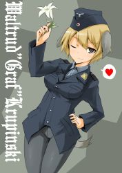 Rule 34 | 10s, 1girl, animal ears, bad id, bad pixiv id, blonde hair, brave witches, brown eyes, dakku (ogitsune), dog ears, flower, hat, military, military uniform, one eye closed, pantyhose, short hair, solo, strike witches, uniform, waltrud krupinski, wink, world witches series