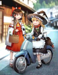 Rule 34 | 13 (spice!!), 2girls, apron, ascot, basket, black vest, blonde hair, bow, braid, brown gloves, detached sleeves, food, frilled bow, frills, gloves, hair between eyes, hair tubes, hakurei reimu, hat, hat bow, highres, holding, holding basket, kirisame marisa, long sleeves, looking at another, moped, motor vehicle, multiple girls, open mouth, outdoors, red bow, scarf, single braid, touhou, vest, white bow, witch hat, yellow ascot, yellow eyes