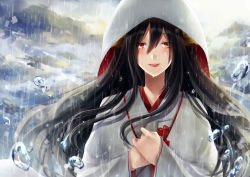 Rule 34 | 1girl, animal ears, black hair, blush, cloud, cloudy sky, crying, eyes visible through hair, floating hair, fox, fox ears, japanese clothes, kimono, lips, long hair, long sleeves, looking at viewer, orange eyes, original, own hands together, parted lips, rain, red lips, sae (091688), sky, smile, solo, sunlight, teardrop, tears, uchikake, upper body, water drop, white kimono, wide sleeves