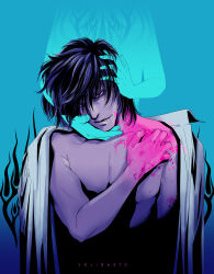 Rule 34 | 1boy, 1other, alucard (hellsing), artist name, black hair, blood, blood on body, blood on face, blood on hands, blue background, commentary request, fang, gradient background, head tilt, hellsing, highres, male focus, nude, purple eyes, shirt on shoulders, toshimichi yukari, upper body