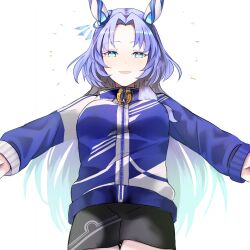 Rule 34 | 1girl, :d, animal ears, black shorts, blue hair, blue jacket, cowboy shot, ear covers, godolphin barb (umamusume), green eyes, highres, horse ears, horse girl, jacket, long sleeves, looking at viewer, mengo (captainmeteor6), open mouth, outstretched arms, shorts, simple background, smile, solo, track jacket, umamusume, white background