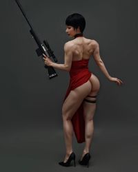 Rule 34 | 1girl, ada wong, ada wong (cosplay), ass, black hair, capcom, cosplay, grey background, gun, highres, holding, holding weapon, huge ass, japanese (nationality), looking back, model, muscular, muscular female, photo (medium), real life, red robe, resident evil, resident evil 2, rifle, robe, scope, short hair, simple background, sniper rifle, suppressor, thick thighs, thighs, weapon, yuan herong