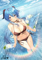 Rule 34 | 1girl, aile (crossroads), bad id, bad pixiv id, bare arms, bare shoulders, bikini, black bikini, blue hair, blue sky, blush, breasts, cleavage, closed mouth, cloud, cloudy sky, commentary request, day, front-tie bikini top, front-tie top, ganyu (genshin impact), genshin impact, hair between eyes, highres, horizon, large breasts, long hair, navel, ocean, outdoors, side-tie bikini bottom, sky, smile, solo, swimsuit, very long hair, water, wet