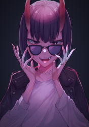 Rule 34 | 1girl, absurdres, bad id, bad pixiv id, black jacket, blouse, bob cut, breasts, contemporary, eyeliner, fate/grand order, fate (series), highres, horns, ichiya1115, jacket, jacket on shoulders, jewelry, long sleeves, looking at viewer, looking over eyewear, looking over glasses, makeup, oni, open clothes, open jacket, open mouth, purple-tinted eyewear, purple-tinted glasses, purple eyes, purple hair, ring, shirt, short hair, shuten douji (fate), skin-covered horns, smile, solo, sunglasses, teeth, tinted eyewear, white shirt