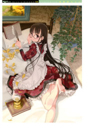 Rule 34 | 1girl, abeno chaco, abeno chako, absurdres, adjusting eyewear, autumn, autumn leaves, barefoot, bed, book, brown hair, dress, feet, ginkgo tree, girl&#039;s avenue, glasses, highres, lantern, leg lift, legs, long hair, looking back, lying, megami magazine, non-web source, on bed, on stomach, plant, potted plant, purple eyes, quill, solo, very long hair