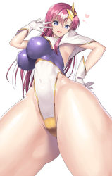 Rule 34 | 1girl, blue eyes, breasts, female focus, from below, gloves, groin, gundam, gundam seed, gundam seed destiny, hair ornament, heart, large breasts, long hair, looking at viewer, meer campbell, nagase haruhito, navel, open mouth, pink hair, simple background, smile, solo, spoken heart, standing, v, white gloves