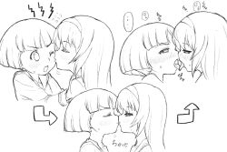 Rule 34 | arrow (symbol), blunt bangs, blunt ends, blush, bob cut, closed eyes, commentary request, flying sweatdrops, french kiss, girls und panzer, greyscale, hairband, highres, kiss, kissing cheek, long hair, momozono, monochrome, nose blush, reizei mako, short hair, sono midoriko, tongue, tongue out