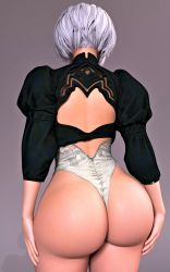 Rule 34 | 1girl, 3d, absurdres, ass, back, back cutout, clothing cutout, from behind, grey background, hands on own ass, highres, huge ass, juliet sleeves, leotard, long sleeves, nier (series), nier:automata, puffy sleeves, ryu4life, short hair, solo, thick thighs, thighs, thong leotard, white hair, wide hips, 2b (nier:automata)