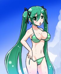 Rule 34 | 00s, 1girl, bad id, bad pixiv id, bikini, breasts, candy, cloud, day, food, green eyes, green hair, hair ribbon, hatsune miku, large breasts, lollipop, long hair, matching hair/eyes, mouth hold, navel, ribbon, sky, solo, standing, striped bikini, striped clothes, swimsuit, tamane, twintails, untied bikini, very long hair, vocaloid, wet