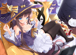 Rule 34 | 1girl, armpit peek, azur lane, bare shoulders, basil (st 1), black thighhighs, blue eyes, blunt bangs, blush, breasts, brown hair, can, candy, chips (food), cleavage, cola, collarbone, commentary request, computer, detached sleeves, dress, drink can, food, food in mouth, frilled sleeves, frills, full body, halloween, halloween costume, hat, holding, holding food, knees together feet apart, laptop, lollipop, long hair, long island (azur lane), long island (long island&#039;s spooky stream) (azur lane), long sleeves, looking at viewer, medium breasts, monitor, official alternate costume, on bed, pillow, potato chips, purple hat, purple sleeves, shadow, sidelocks, sitting, sleeveless, soda can, solo, star (symbol), starry background, swirl lollipop, thighhighs, very long hair, w arms, white dress, witch hat, zettai ryouiki