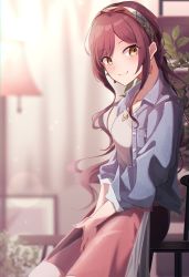 1girl, absurdres, blurry, blurry background, blush, bokeh, denim, denim jacket, depth of field, hairband, highres, idolmaster, idolmaster shiny colors, indoors, jacket, looking at viewer, looking to the side, nail polish, odecono3, on chair, osaki amana, own hands together, red eyes, red skirt, sitting, skirt, smile, solo, yellow eyes